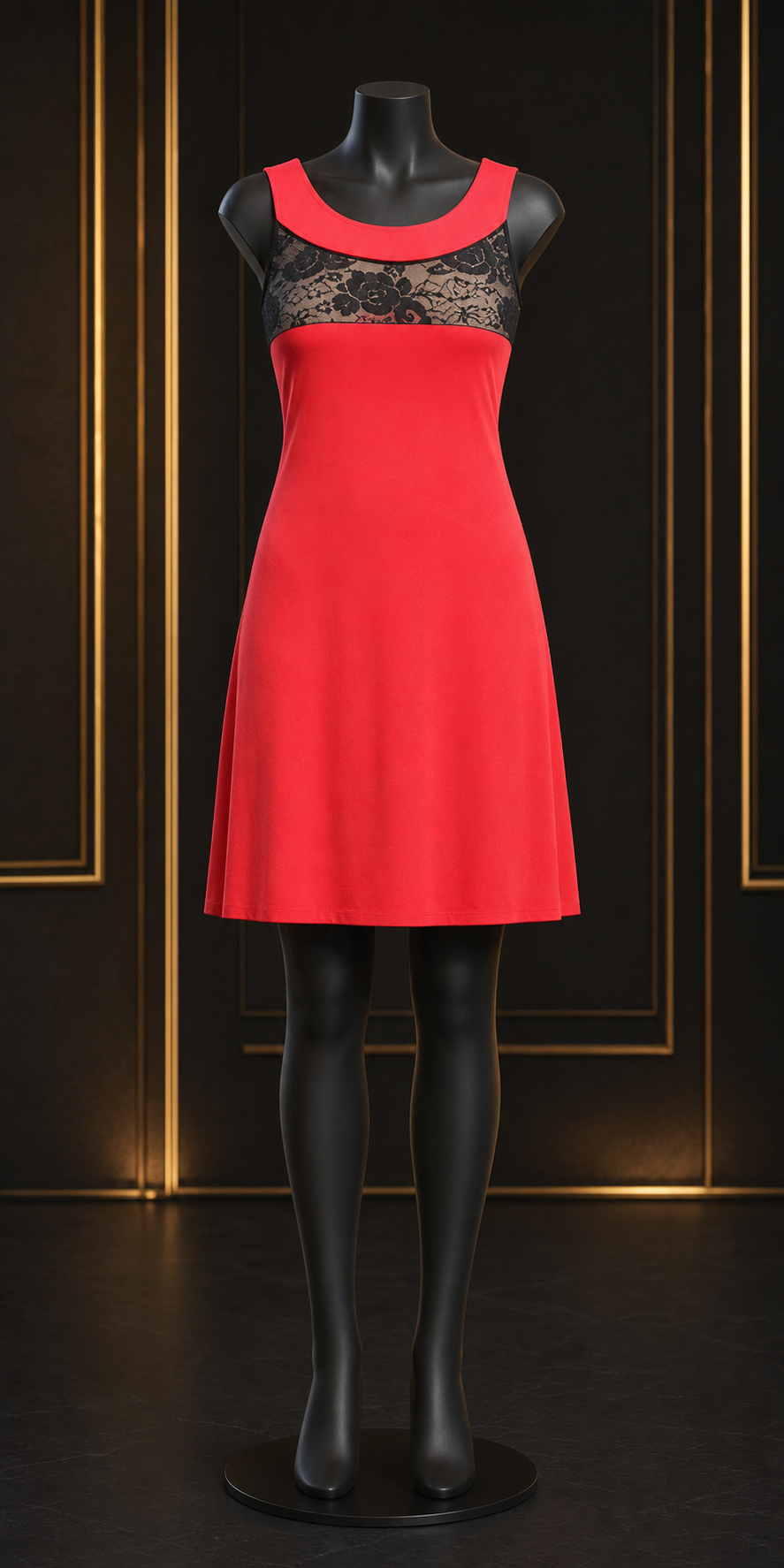 Vikenzo Sleeveless dress-Lycra flared with lace band on front – Sleeveless design, Flared silhouette, Red, Yellow – tunic product view 1 of 4