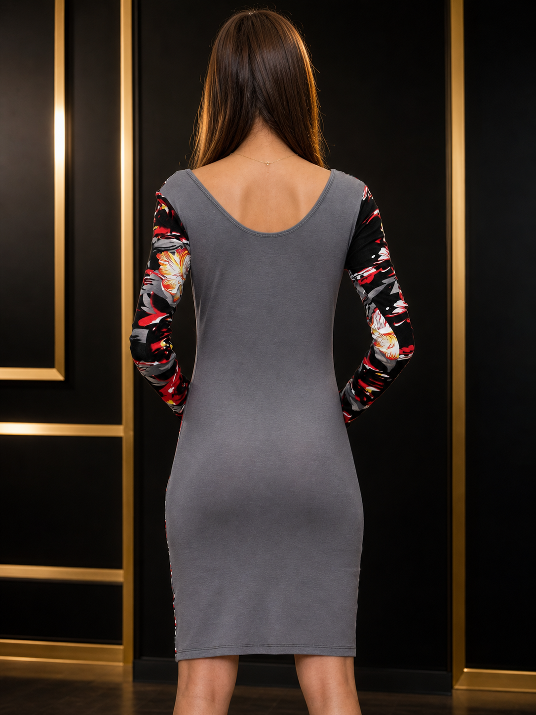 Vikenzo Floral printed cotton bodycon Lycra U-neck dress. long handle and grey back – U-neckline, Figure-skimming silhouette – dress product view 3 of 3
