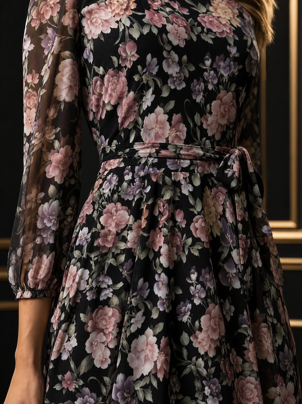 Vikenzo Very elegant long sleeves printed dress-tunik, by Lycra tulle – Long sleeves, Tulle detailing – tunic product view 4 of 4