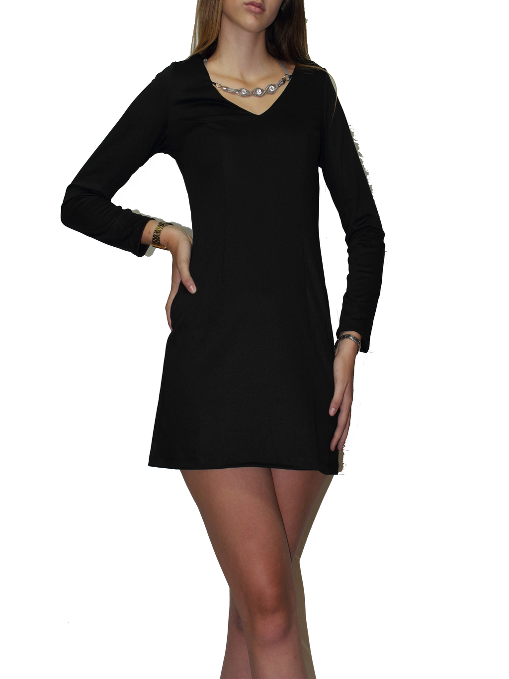 robe en Milano Spandex col en V avec petits strass et manches longues