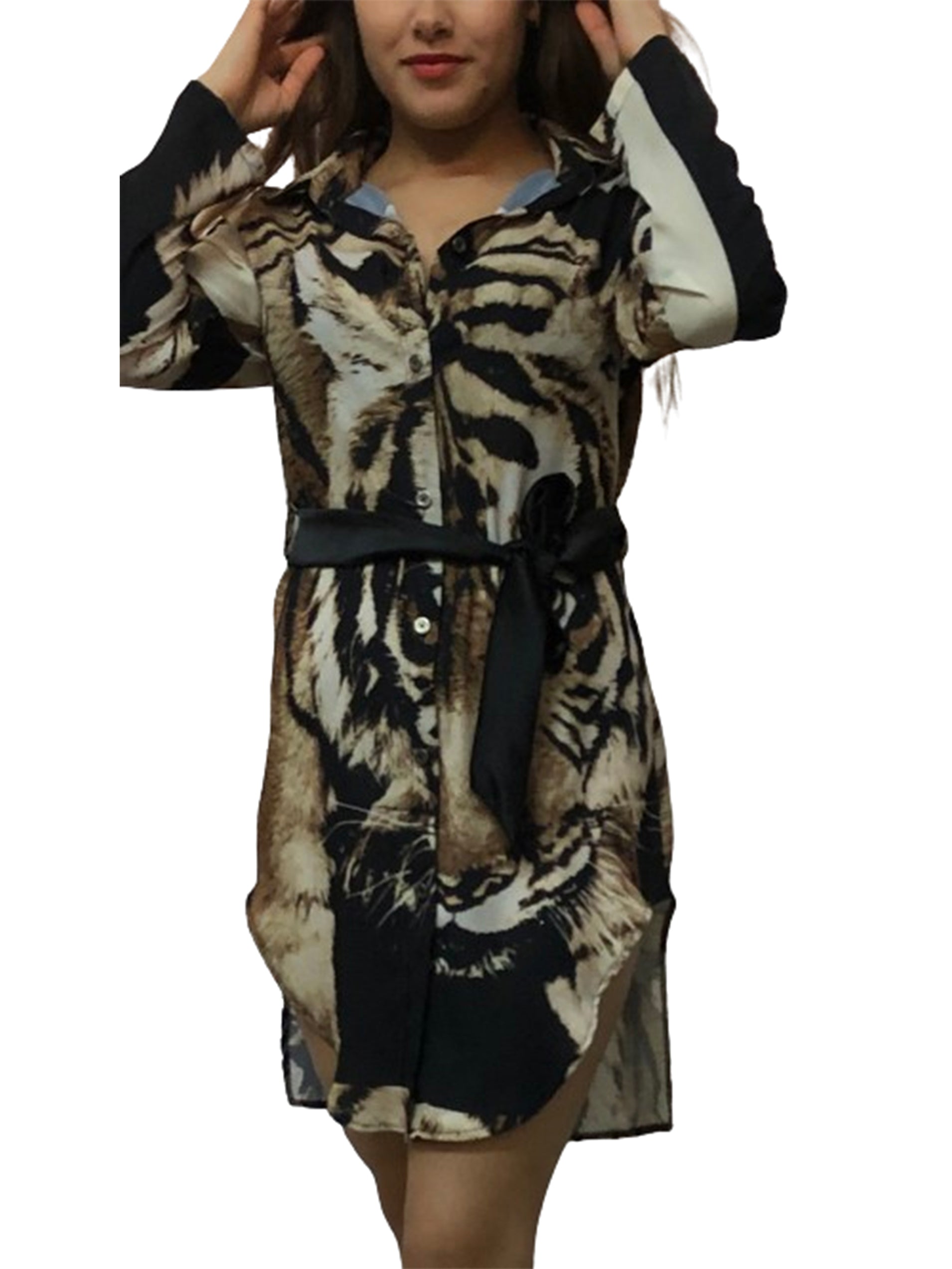 Robe à manches longues imprimé tigre - Chemisier en satin polyester