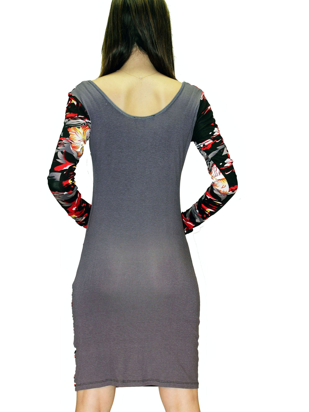 Robe moulante en coton lycra à imprimé floral, col en U, manches longues et dos gris