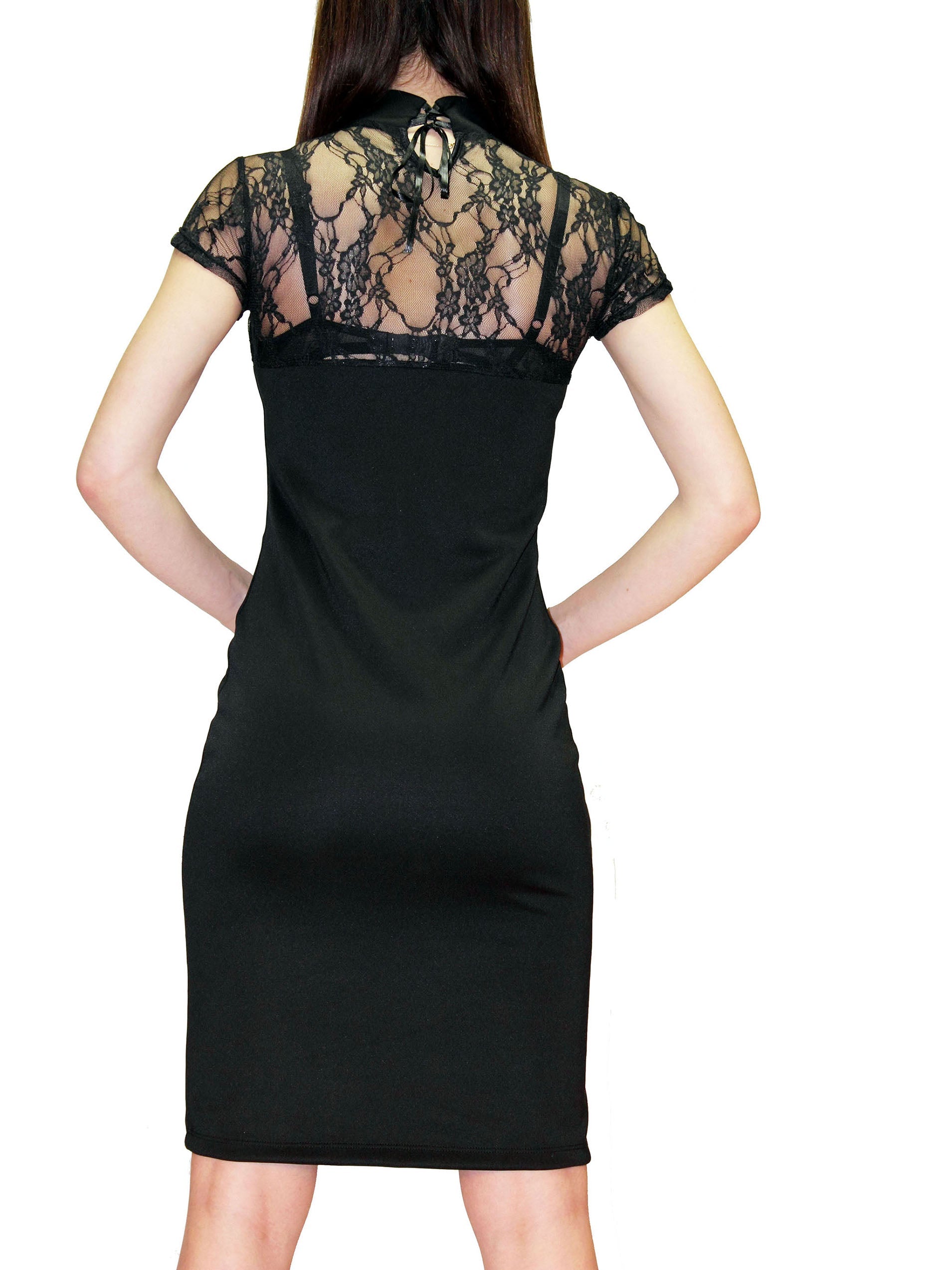 Robe noire en spandex avec dos lacé, col triangle et petites manches 