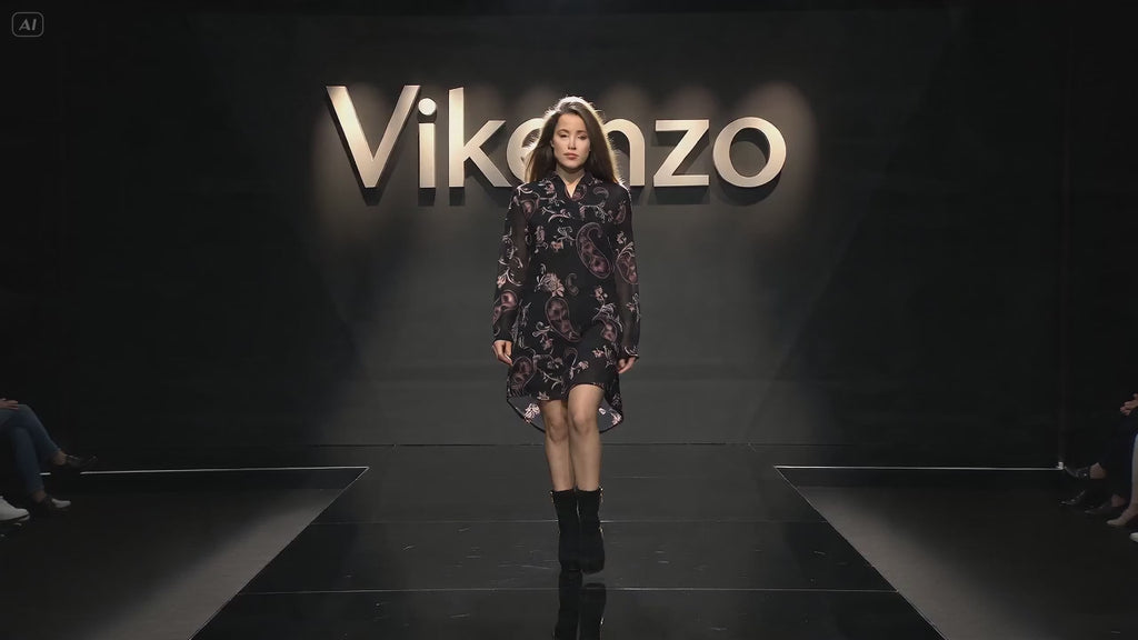 Floral-Print Tunic Dress with Long Sleeves and Tulle