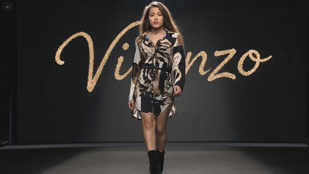Tiger-Print Satin Dress with Long Sleeves