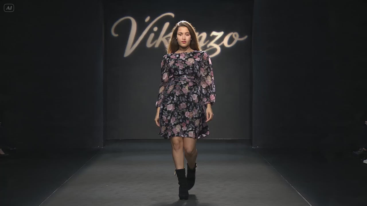 Printed Lycra and Tulle Tunic Dress with Long Sleeves